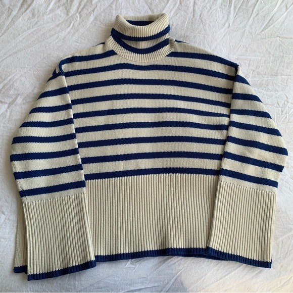 Toteme Signature Stripe Turtleneck Wool Cotton Oversized Knit Sweater Top Blue - Picture 1 of 12